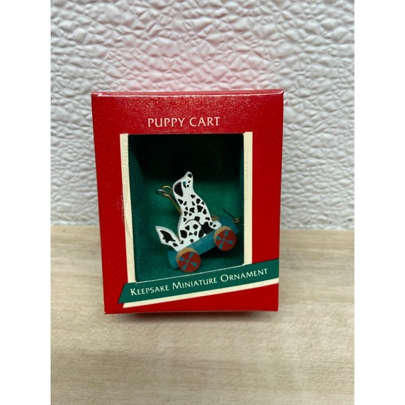 Vtg 1989 Hallmark Keepsake Miniature  Christmas Tree Ornament Puppy Cart - Picture 1 of 7